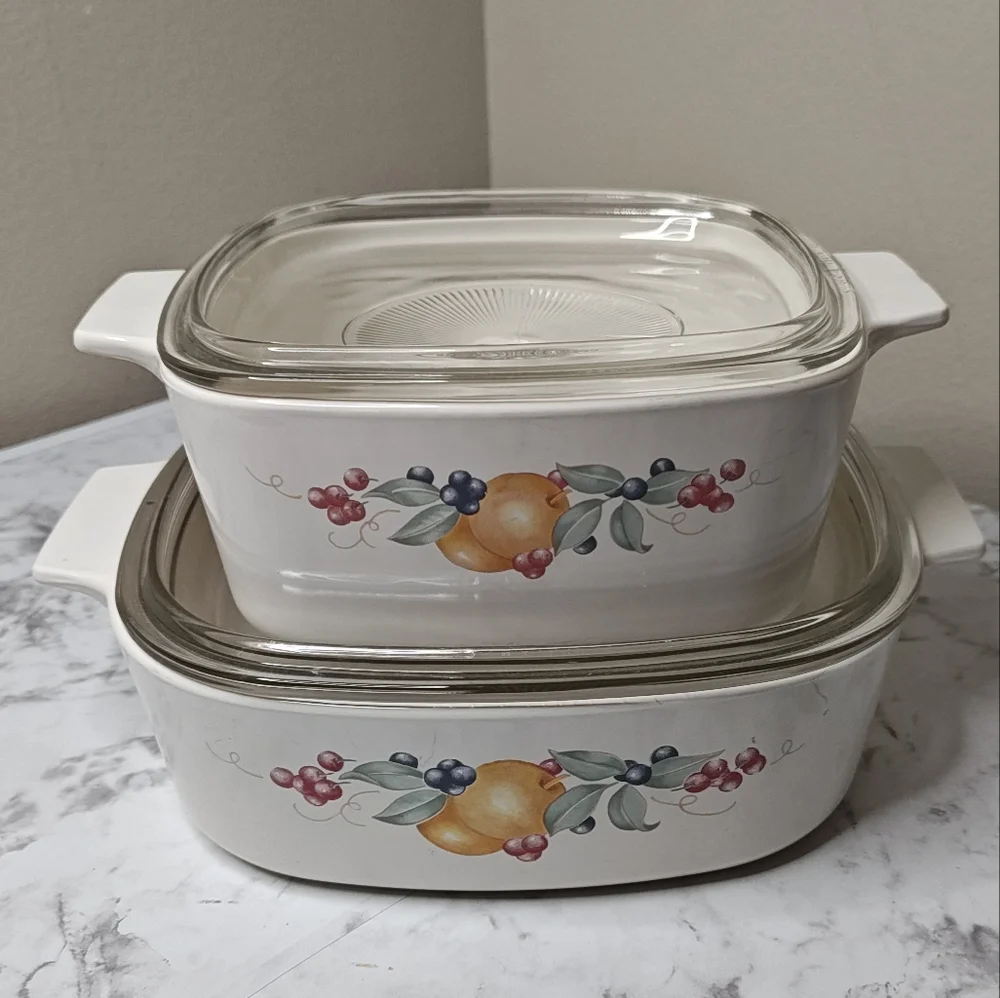 Vintage Pyrex Glass Lid White Casserole Dish Fruit Design